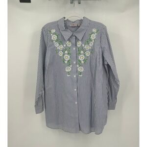 Quacker Factory Womens Cottagecore Top 1X Embroidered Floral Striped Embroidered